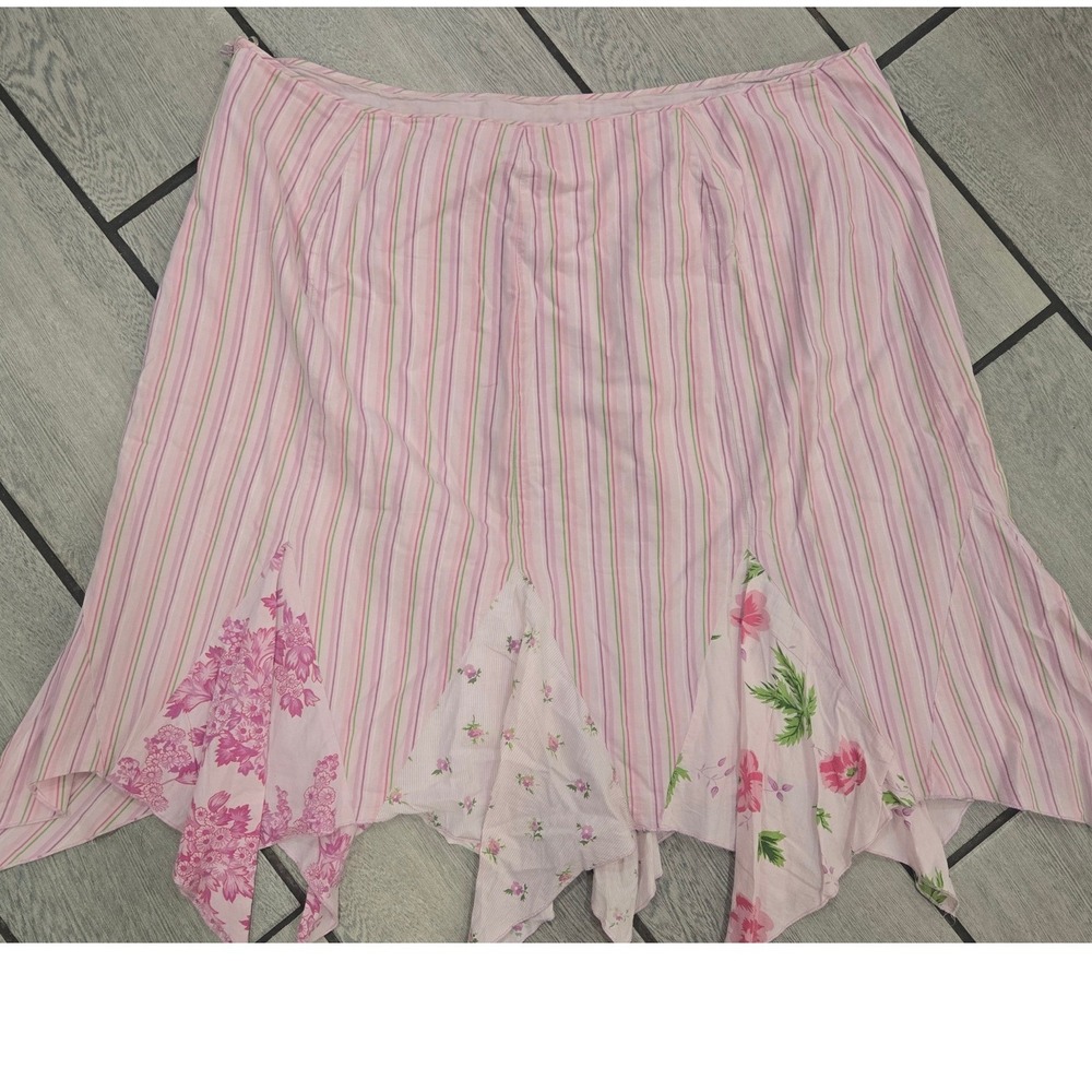 Venezia Pink Striped Floral Godet Handkerchief Hem Midi Skirt Plus- 20 Cotton